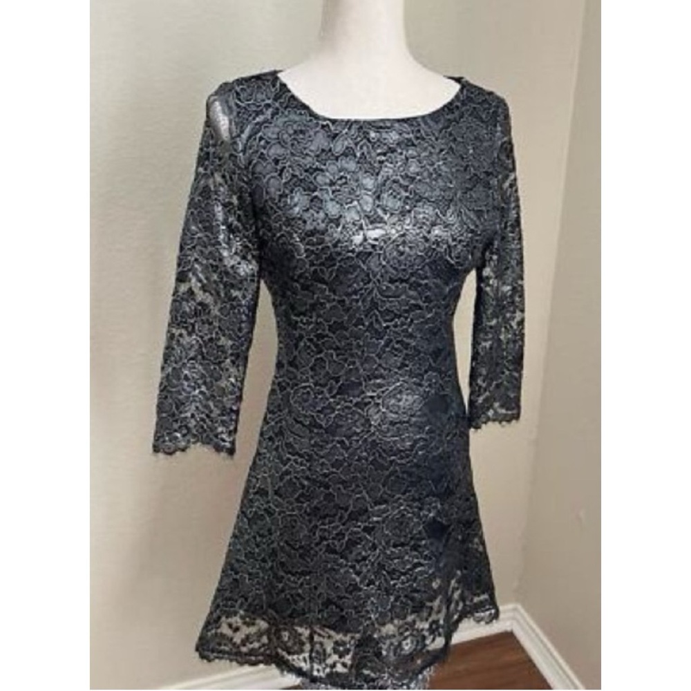SHOSHANNA Silver Black Lace Long Sleeve Mini Shift Dress
